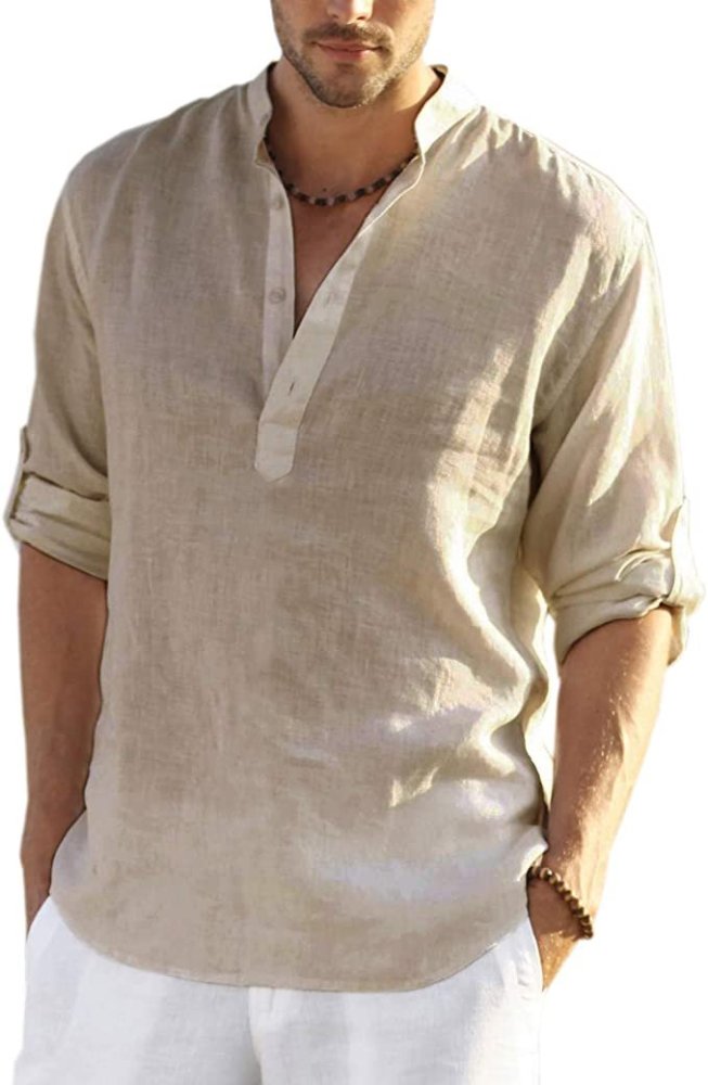 2022 Men's cotton linen shirt long-sleeved casual beach T-shirt
