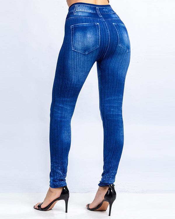 Casual Vertical Stripes Faux Denim Leggings