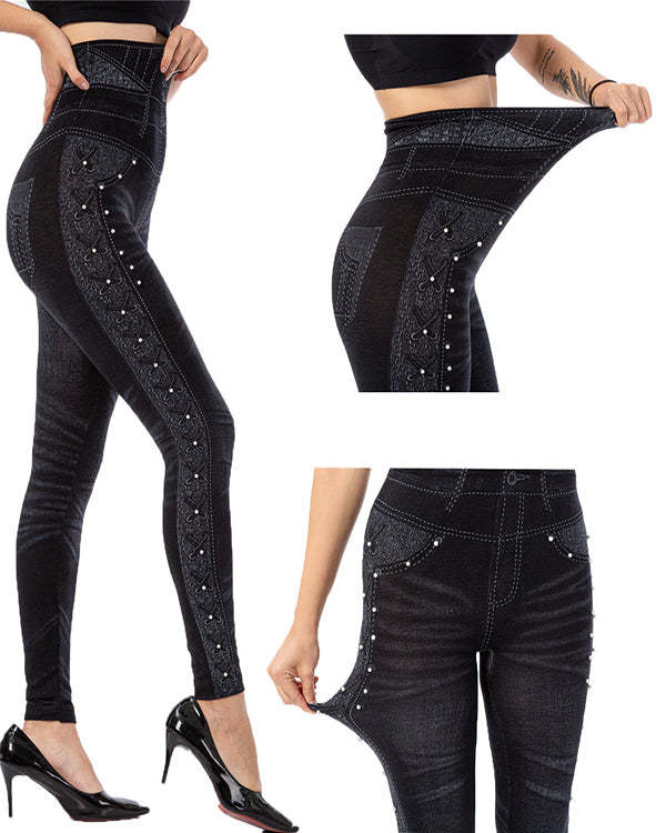 Casual Pocket Corset Faux Denim Leggings