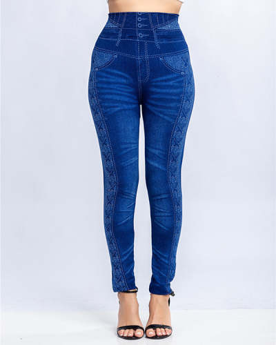 Casual Pocket Corset Faux Denim Leggings