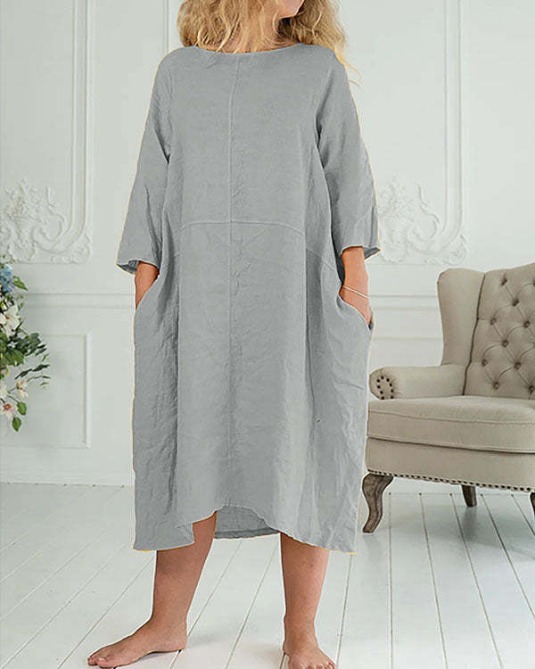 3/4 Sleeve Crew Neck Pocket Loose Dress