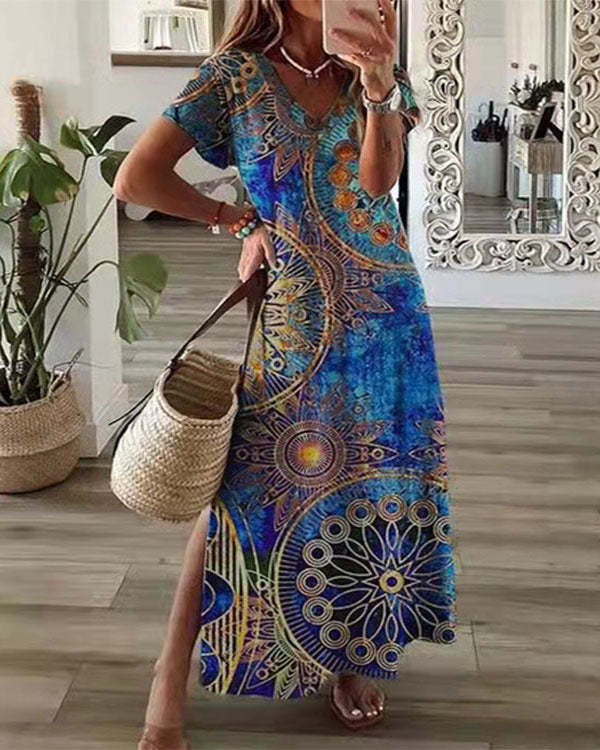 Casual Floral Print V-Neck Short Sleeve Hem Slit Maxi Dress