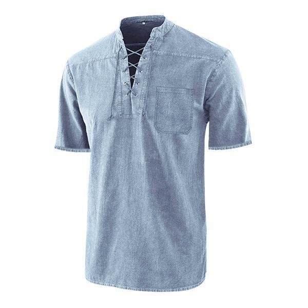 Men Gothic Retro T Shirt Lace-up V-neck Denim Pocket Short Sleeve Tee Shirt Loose Tops