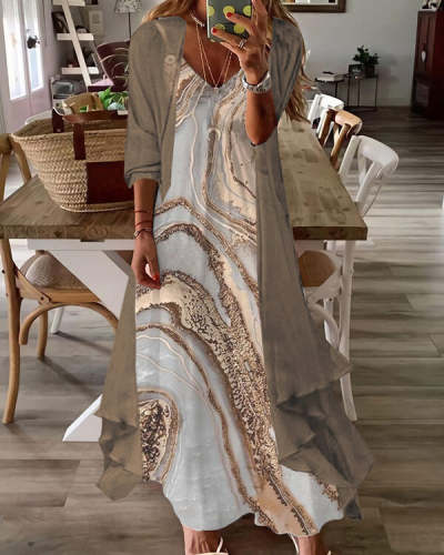 Two Half Sleeves Marble Floral Print Casual Vintage Sexy Dresses