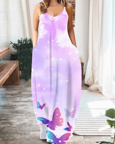 Casual V-neck Butterfly Print Sleeveless Maxi Dress