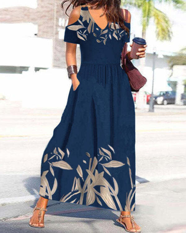 Botanical Print Casual V-Neck Off-Shoulder Midi Dress