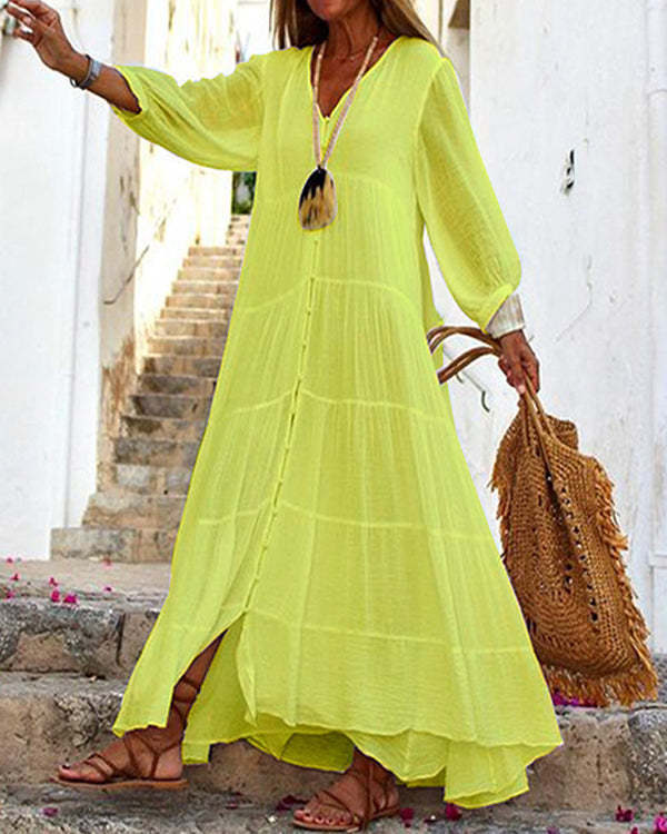 Boho Solid V-Neck Loose Long Sleeve Linen Dress