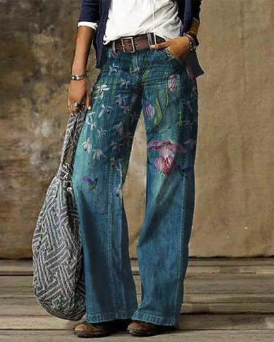 Casual Vintage Floral Printed Pants