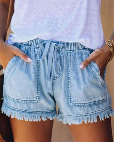 Adjustable Drawstring Casual High Waist Denim Shorts