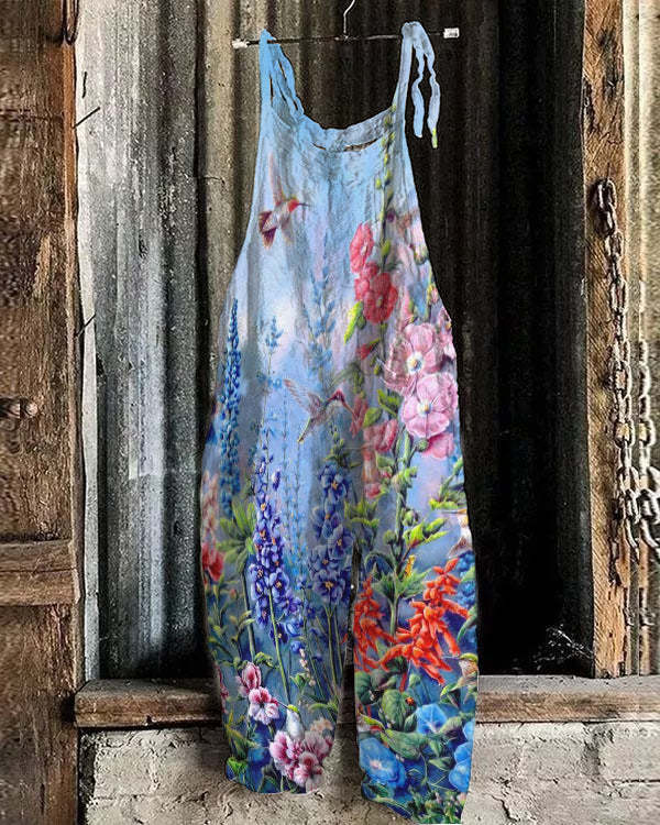 Trendy Botanical Floral Print Loose Casual Jumpsuit