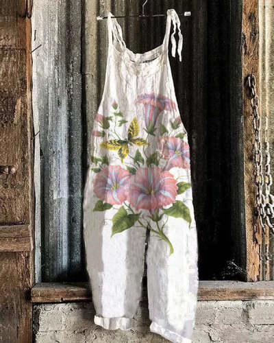 Fashion Butterfly Floral Print Loose Casual Jumpsuit