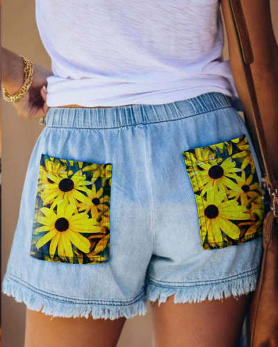 Adjustable Drawstring Floral Print Casual High Waist Denim Shorts