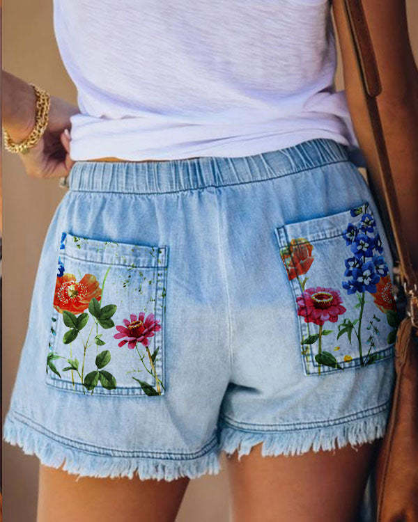 Adjustable Drawstring Floral Print Casual High Waist Denim Shorts