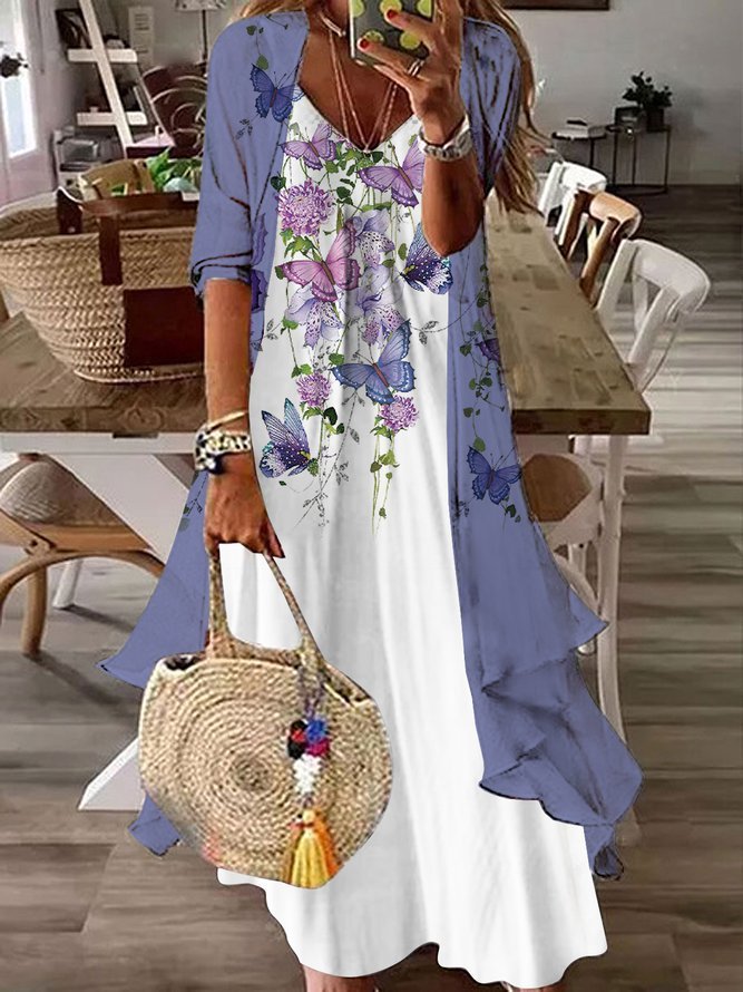 Butterfly Flower Print Plain Chiffon Two Piece Suit Dress