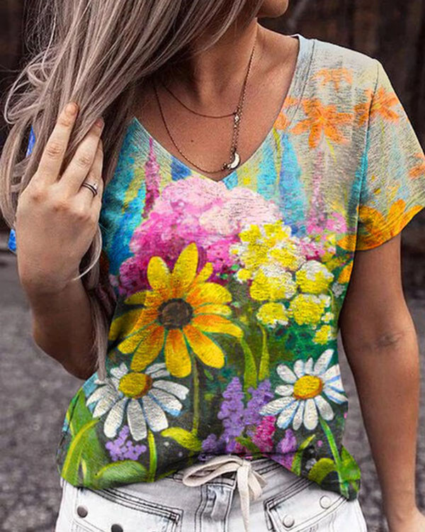 Women's  Abstract Floral V-Neck Short Sleeve T-Shirt