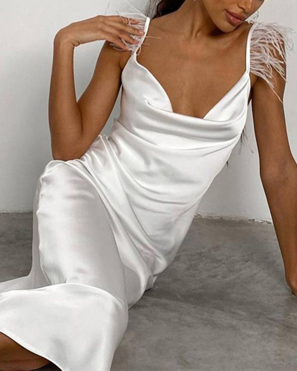 Sexy V-Neck Backless White Feather Slip Dress