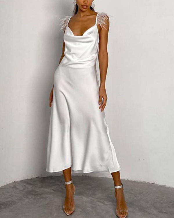 Sexy V-Neck Backless White Feather Slip Dress