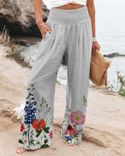 Women's Floral Cotton Linen Loose Pants