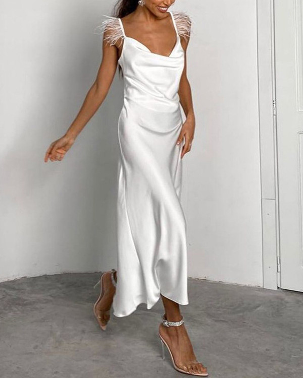 Sexy V-Neck Backless White Feather Slip Dress