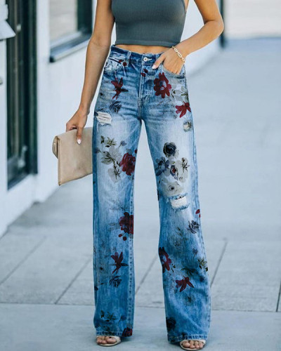 Vintage Mid-waist Ripped Print Pants