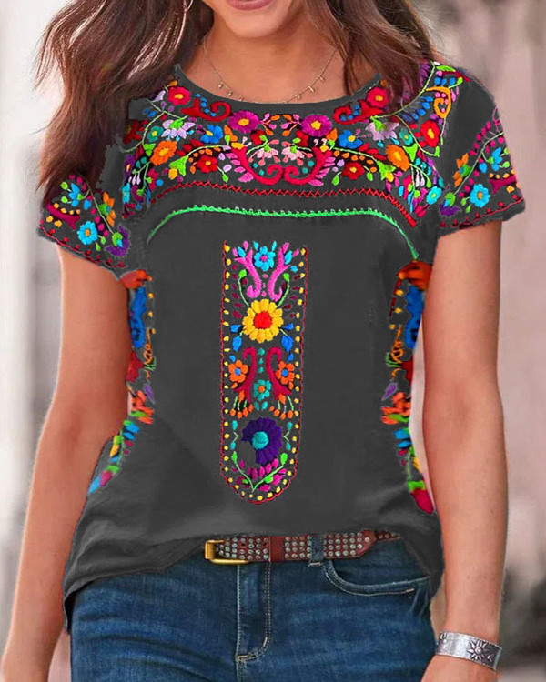 Bohemian Crew Neck Short Sleeve Top