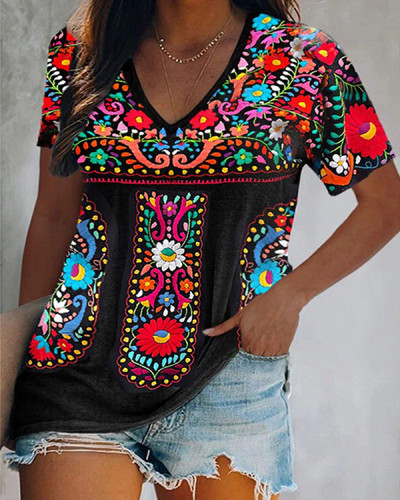 Bohemian V Neck Short Sleeve Top