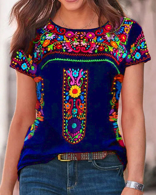 Bohemian Crew Neck Short Sleeve Top