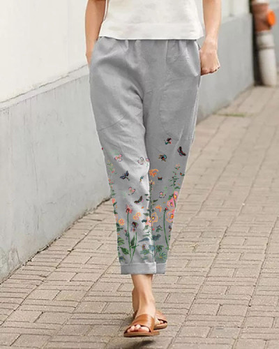 Women's Floral Pattern Casual Solid Color Pocket Elastic Waist Pants