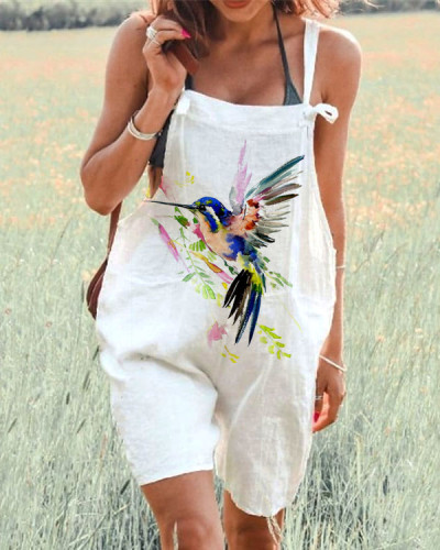 Women's  Hummingbird Flower Print Loose Casual Jumpsuit