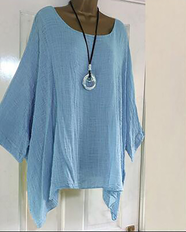 Round Neck Asymmetric Hem Plain Tops