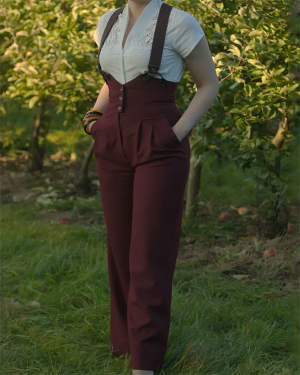 Vintage Plain Cotton-Blend Jumpsuit