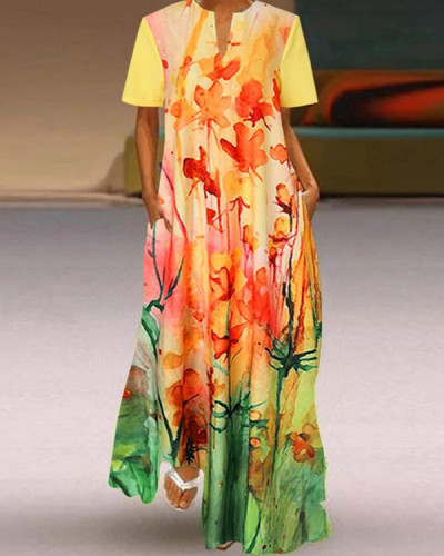 V-neck Casual Loose Floral Print Summer Short Sleeve Maxi Dress