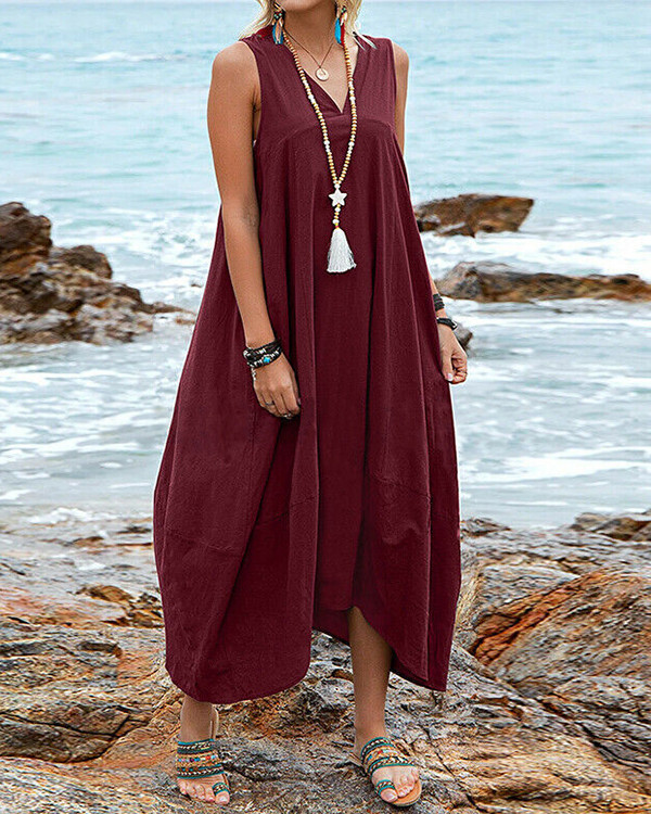 Casual Linen V-Neck Pocket Beach Dress