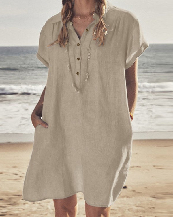 Casual Solid Lapel Pocket Linen Beach Short Dress