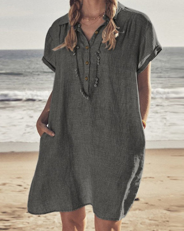 Casual Solid Lapel Pocket Linen Beach Short Dress