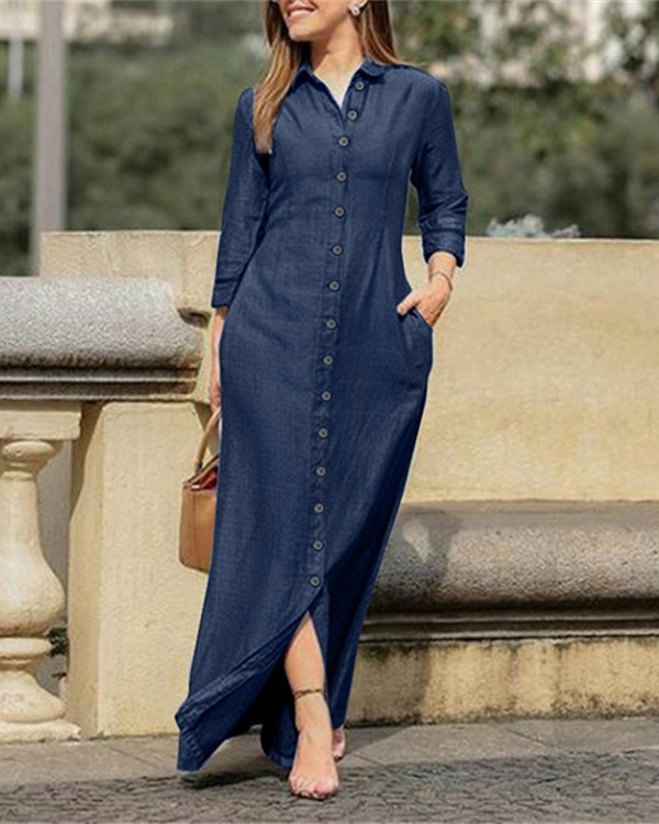 Casual Shirt Collar Denim Button Maxi Dress