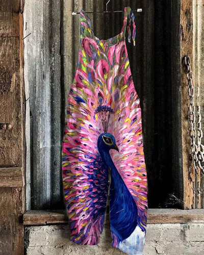 Women's Peacock Pattern Loose Casual Jumpsuit