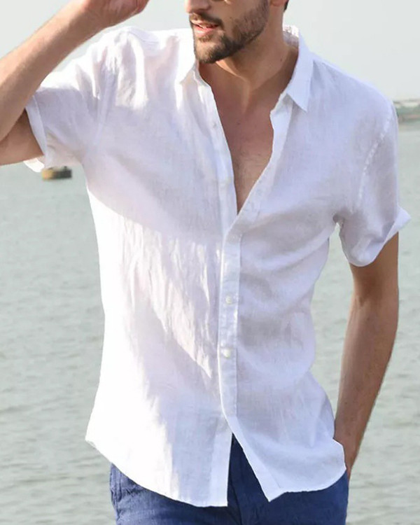 Men's Solid Color Lapel Cotton Linen Cardigan Beach Top