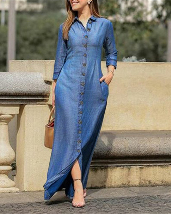 Casual Shirt Collar Denim Button Maxi Dress