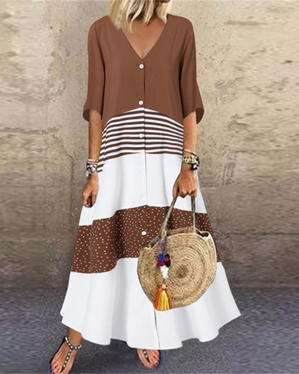 Casual V-Neck Long Button Dress