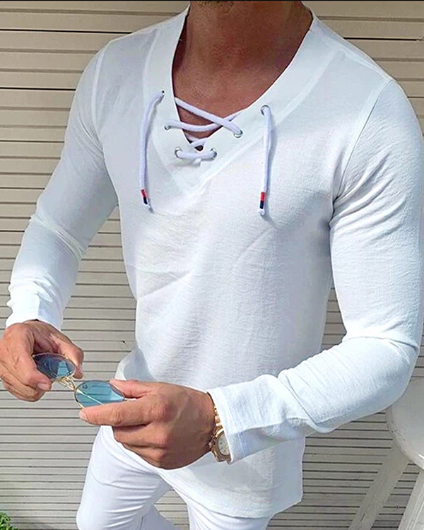 Men's Solid Color V-neck Rope Long-sleeved Linen Top