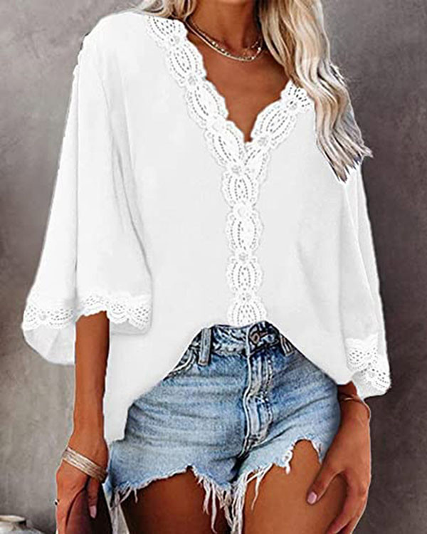 Flared Sleeve V-Neck Lace Loose Top