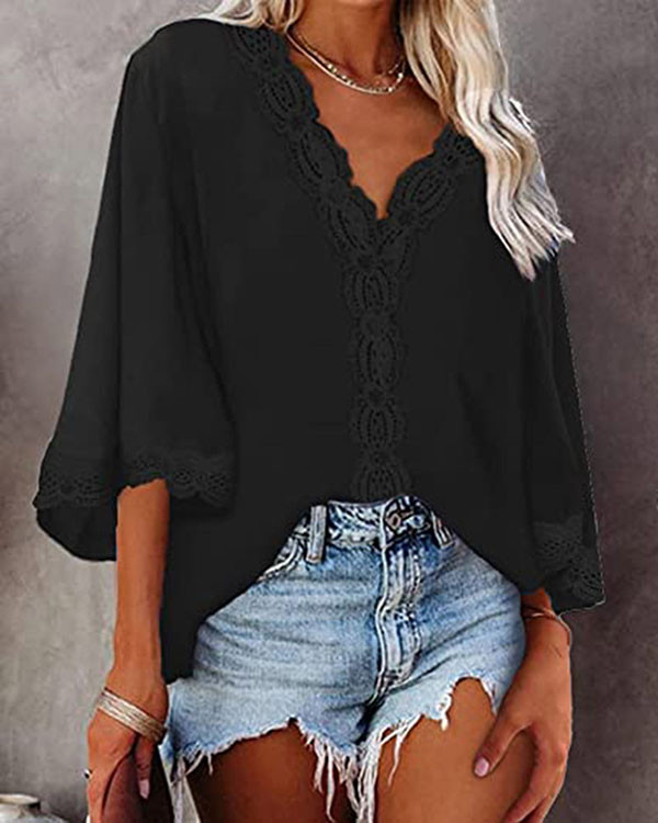 Flared Sleeve V-Neck Lace Loose Top