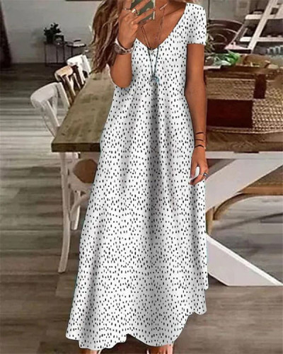 V-neck Casual Loose Polka Dot Print Short Sleeve Maxi Dress