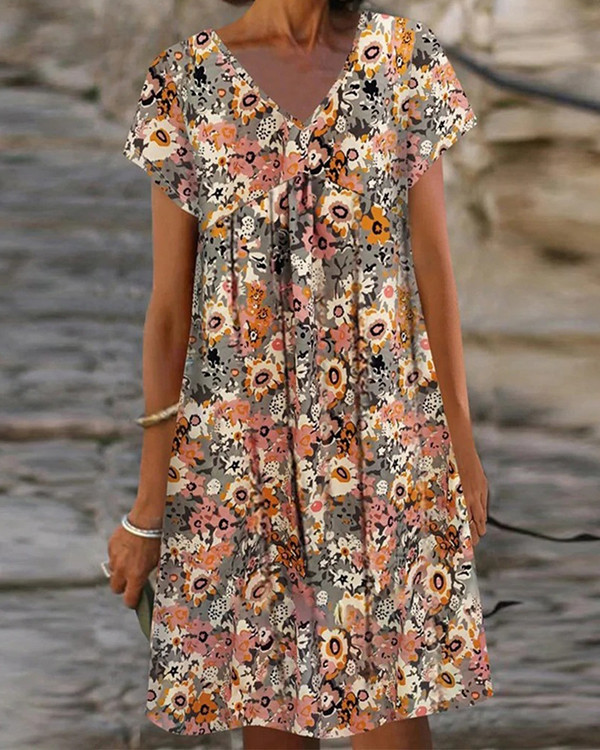 Casual V-Neck Short Sleeve Floral Dress