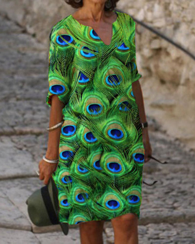 Casual V-Neck Mid Length Peacock Dress