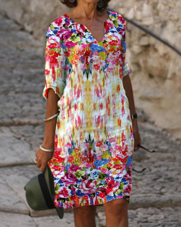 Casual V-Neck Mid Length Flowers Dress