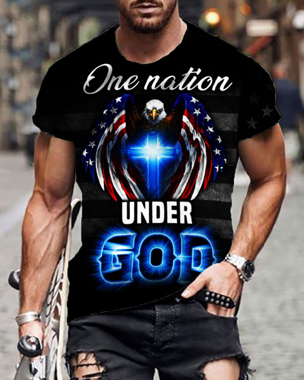 Men's Patriotic Eagle Cross Grommet Flag One Nation Under God Top