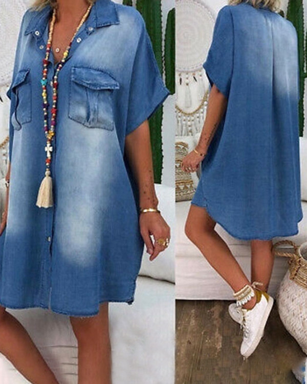 Casual Solid Denim Button-Up Shirt Dress