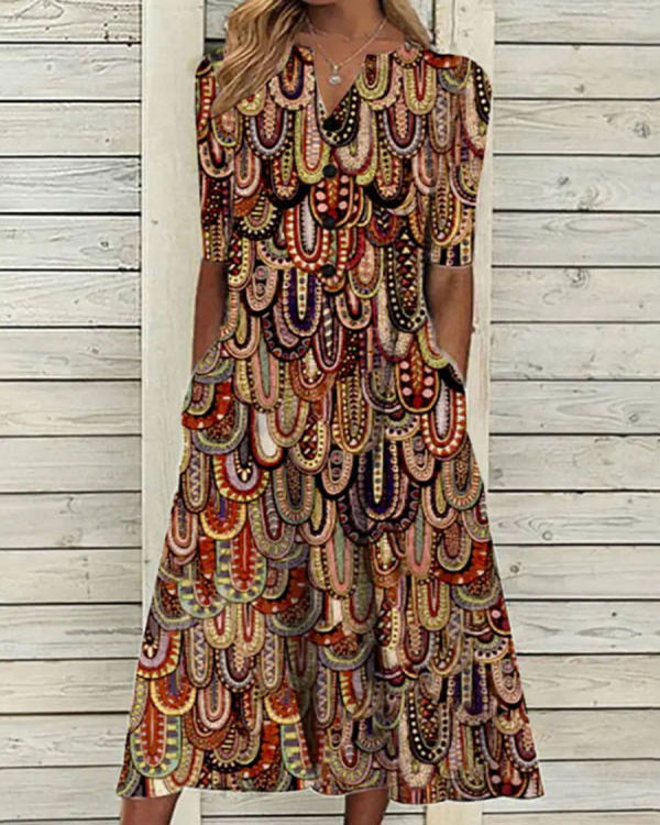 Casual Loose Vintage Print Holiday Midi Dress